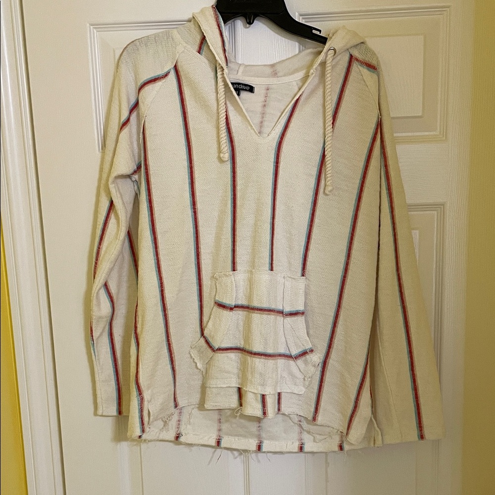 Ocean Drive Cream Striped Hooded Pullover with Red & Blue Accents